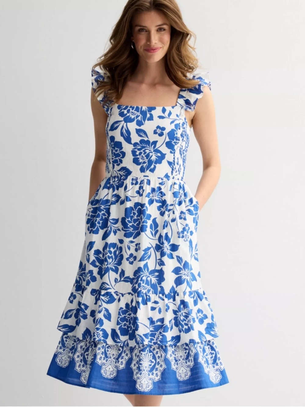 Draper James Floral Jacquard Flutter Sleeve Midi Dress Womens L Blue & Ivory NWT - Picture 2 of 16